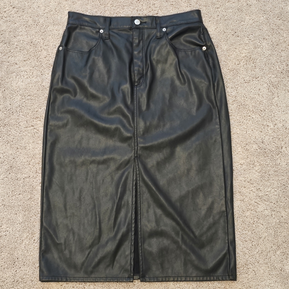 Universal Thread Black Faux Leather Midi Straight Skirt with Front Slit, Large